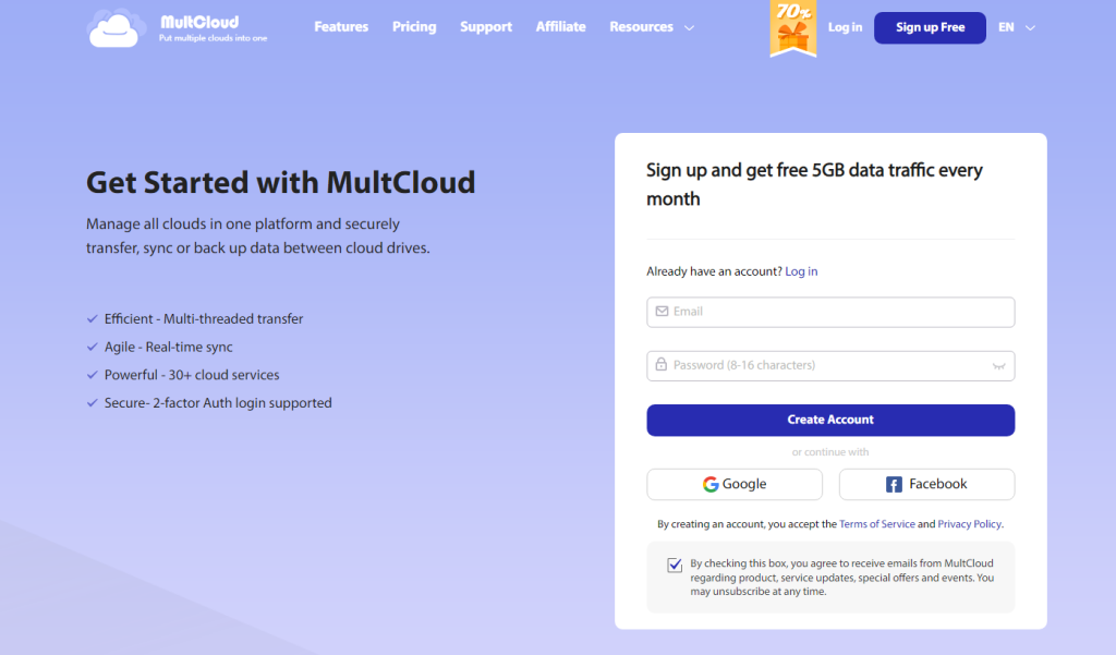 Go to the MultCloud website and create a free account