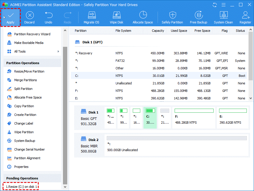 Click “Apply” to start the partition shrinking operation